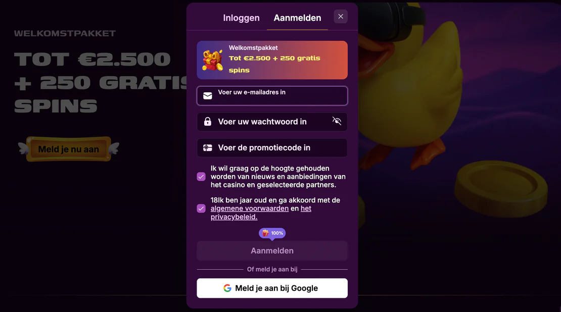 Account registreren en inloggen bij Duckysino Casino